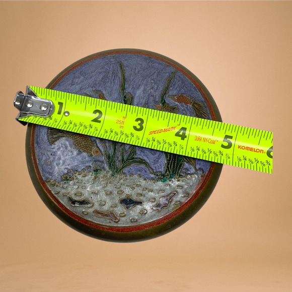 Vintage Chinese Brass Koi Fish Pond Cloisonné Enamel Trinket Dresser Box 4 3/4" - Picture 4 of 5